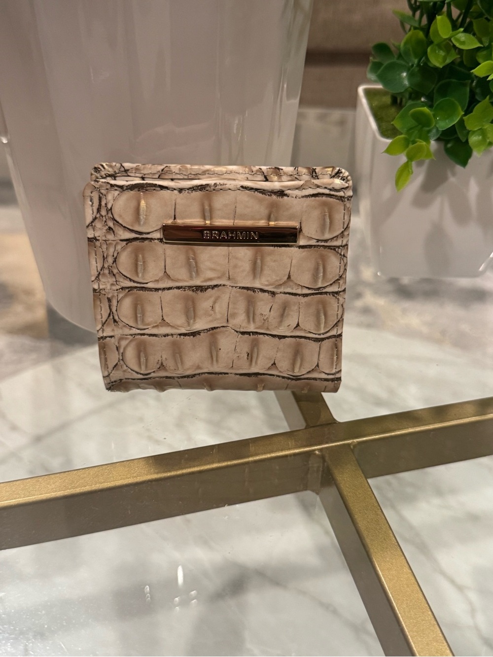 Brahmin Cream Croc-Embossed Mini Wallet with Gold Hardware